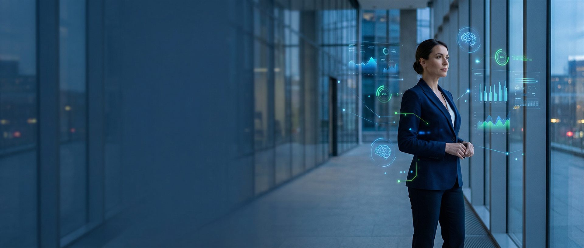 Business leader reviewing live AI and analytics dashboards in a corporate office